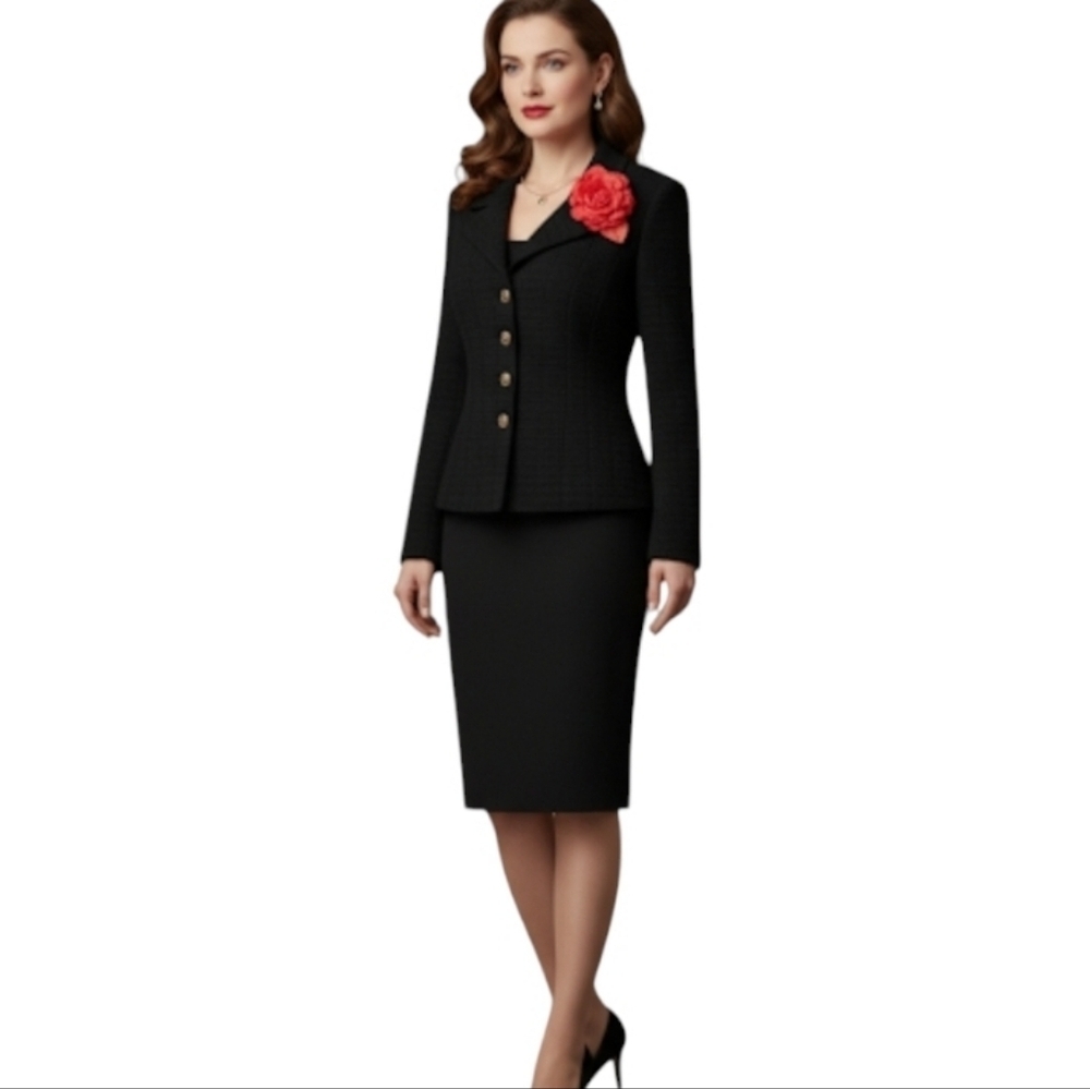 St. John Knit Black Blazer with Removable Red Floral Detail Brooch